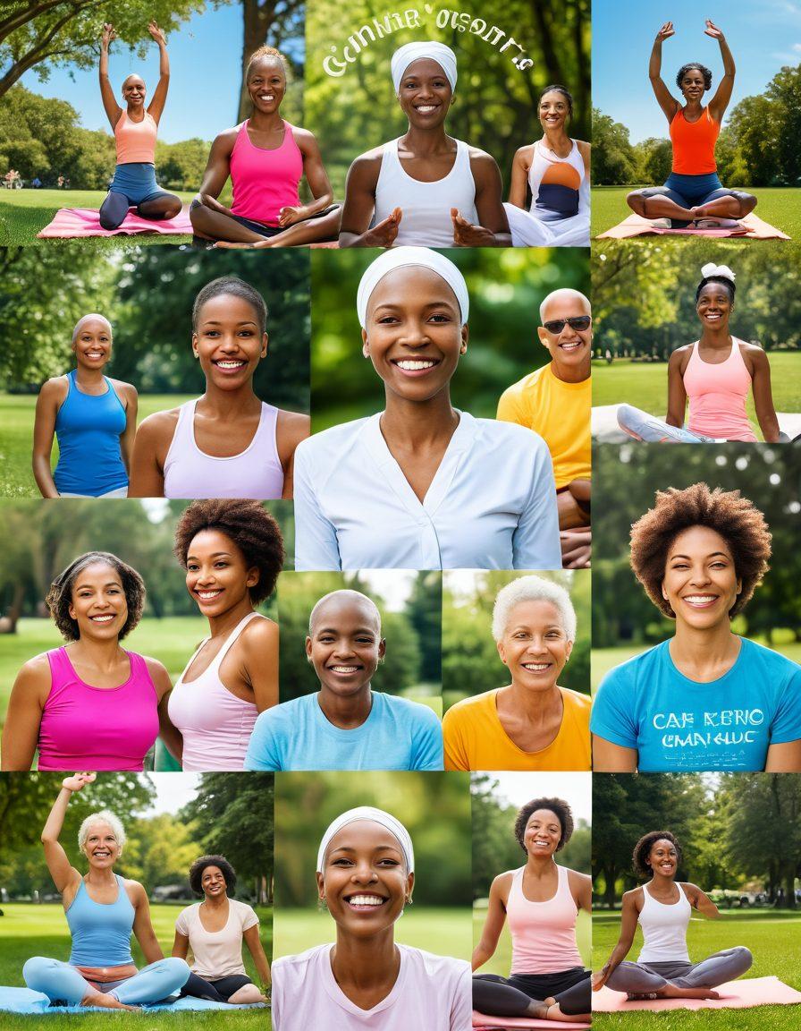 A collage of diverse cancer survivors celebrating their triumphs, showcasing vibrant smiles and joyous moments in a sunny park. Include visual elements of wellness, such as healthy food, yoga, and nature, paired with inspirational quotes in elegant fonts. The scene should radiate positivity and resilience, with a harmonious blend of colors illuminating their stories. super-realistic. vibrant colors. 3D.
