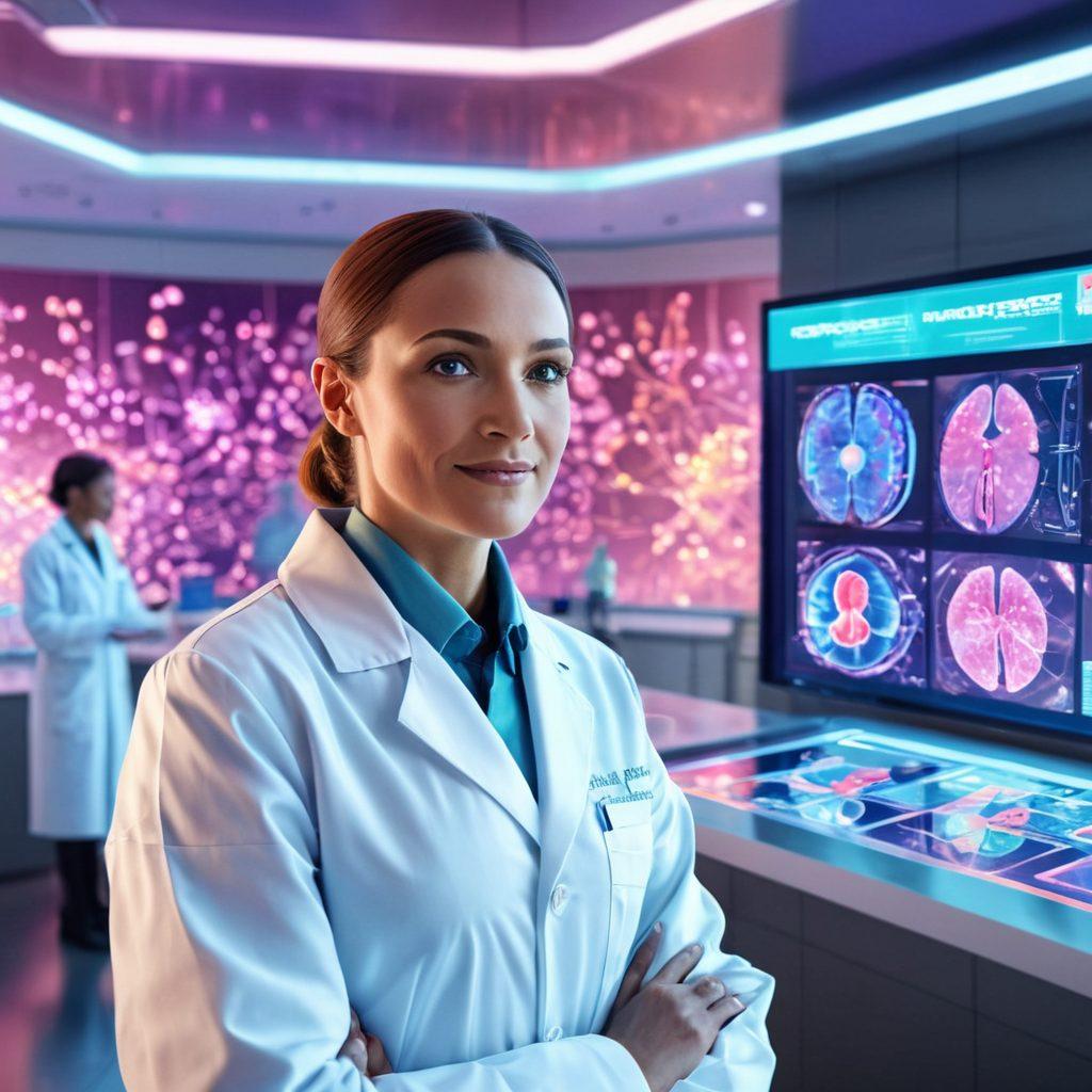 A futuristic medical lab showcasing advanced cancer therapies, with scientists in lab coats conducting research. Bright holographic displays showing cellular structures and therapy innovations, while a patient smiles in the background, symbolizing hope. The atmosphere is filled with vibrant technology and warm colors to illustrate progress in cancer care. super-realistic. vibrant colors. 3D.